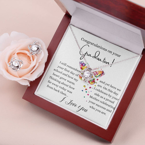 Congratulations on your Graduation - Love Knot Earring & Necklace Set! Jewelry ShineOn Fulfillment Mahogany Style Luxury Box 