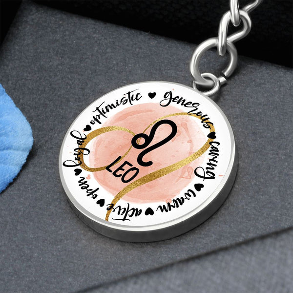 LEO: Generous, caring, warm, active, open, loyal, optimistic - Graphic Circle Keychain Jewelry ShineOn Fulfillment Luxury Keychain (.316 Surgical Steel) No 