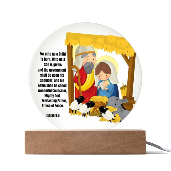 Light Up Your Holiday Spirit: Artistic Acrylic Nativity Scene with LED Colors and Inspirational Verse. Acrylic/Square ShineOn Fulfillment Acrylic Circle Plaque with LED Base 