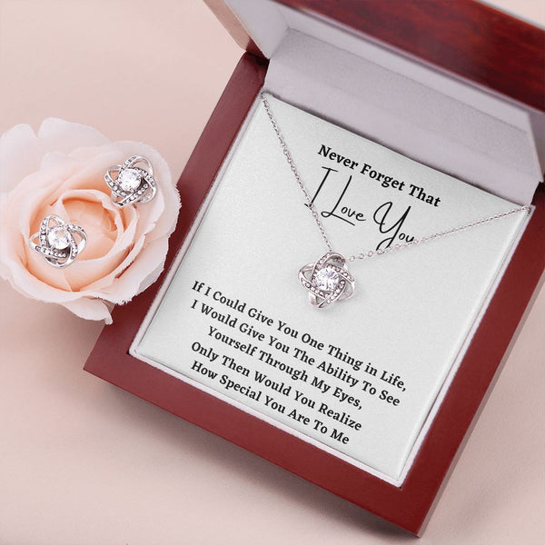 Never forget that I LOVE YOU - Love Knot Earring & Necklace Set! Jewelry ShineOn Fulfillment Mahogany Style Luxury Box 