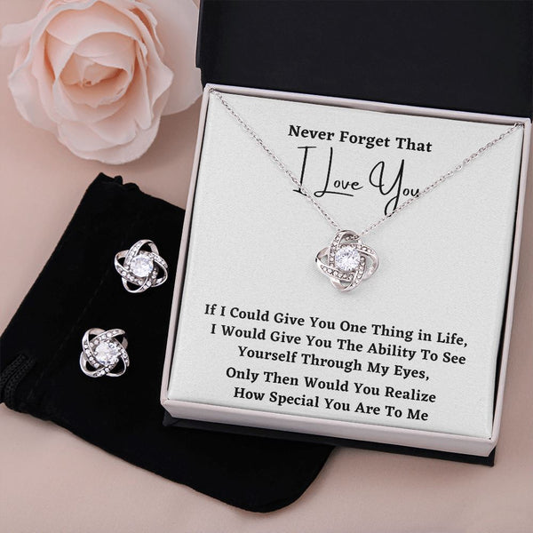 Never forget that I LOVE YOU - Love Knot Earring & Necklace Set! Jewelry ShineOn Fulfillment Standard Box 