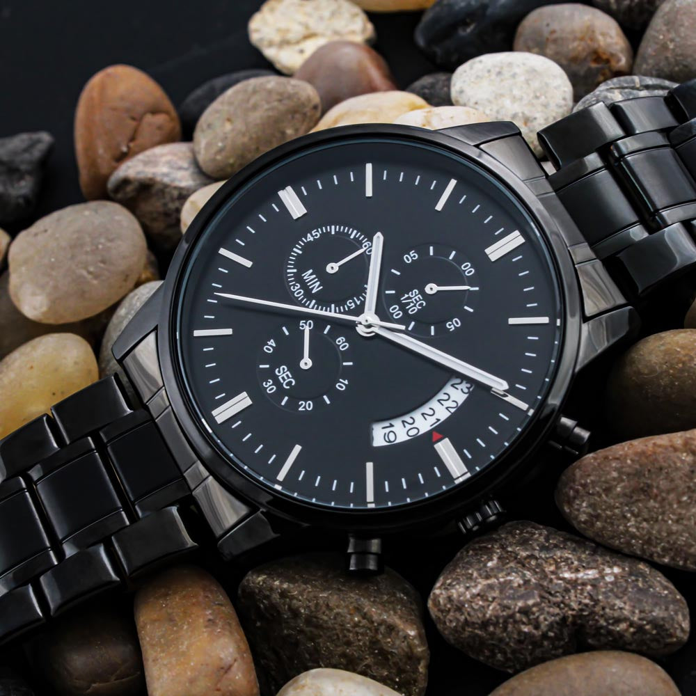 The best gift for your Dad -Engraved Design Black Chronograph Watch Jewelry ShineOn Fulfillment 