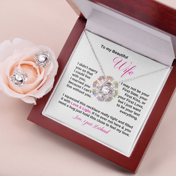 To my Beautiful Wife - Love Knot Earring & Necklace Set Jewelry ShineOn Fulfillment Mahogany Style Luxury Box 