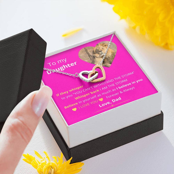 To My Daughter - This Old Lion Will Always Have Your Back - Interlocking hearts Necklace (Pink Card) Jewelry ShineOn Fulfillment 