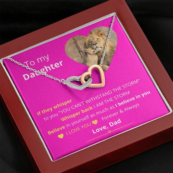 To My Daughter - This Old Lion Will Always Have Your Back - Interlocking hearts Necklace (Pink Card) Jewelry ShineOn Fulfillment Mahogany Style Luxury Box 