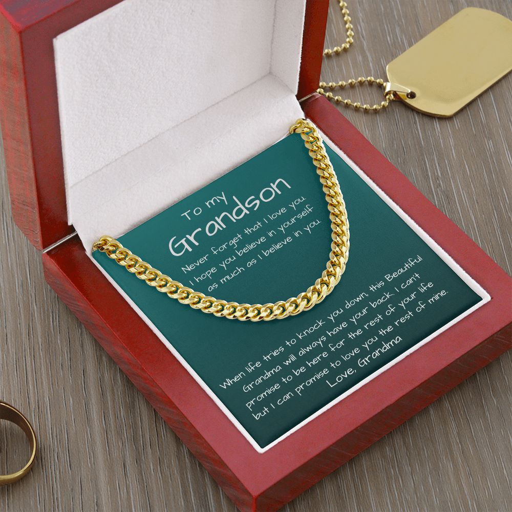 To my Grandson, love Grandma - Cuban Link Chain Necklace Jewelry ShineOn Fulfillment 14K Yellow Gold Finish Luxury Box 