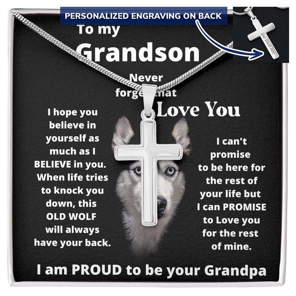 To my Grandson - Never forget that I Love You - Personalized Cross Necklace Jewelry ShineOn Fulfillment Two Toned Box 