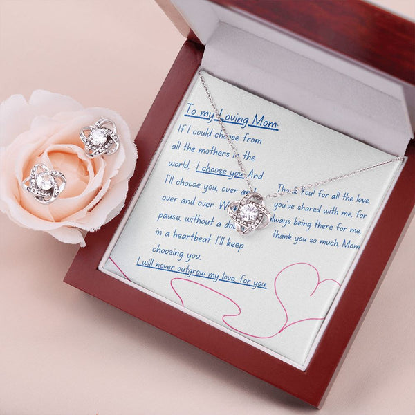 To My Loving Mom - I choose you! Love Knot Necklace & earring set Jewelry ShineOn Fulfillment Mahogany Style Luxury Box 