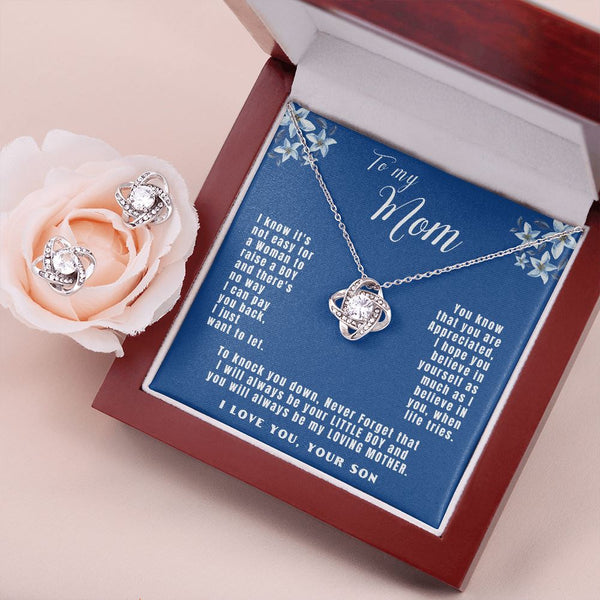 To my Mom - with Love your Son - Love Knot Earring & Necklace Set! Jewelry ShineOn Fulfillment Mahogany Style Luxury Box 