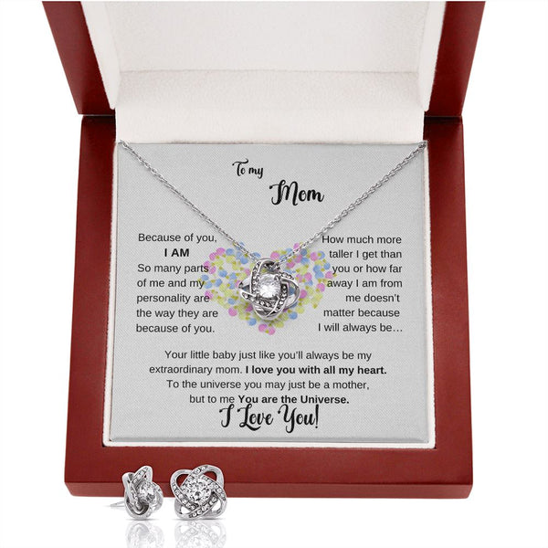 To my Mother - Because of you I AM - Love Knot Earring & Necklace Set Jewelry ShineOn Fulfillment 