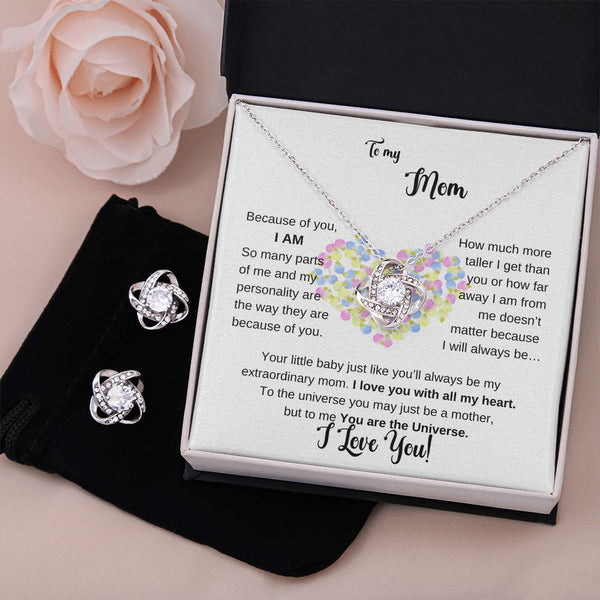 To my Mother - Because of you I AM - Love Knot Earring & Necklace Set Jewelry ShineOn Fulfillment Standard Box 