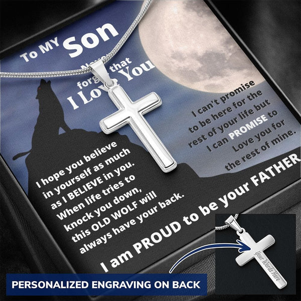 To my Son - This Old Wolf always have your back- Stainless Steel Cross Necklace From DAD Jewelry ShineOn Fulfillment 