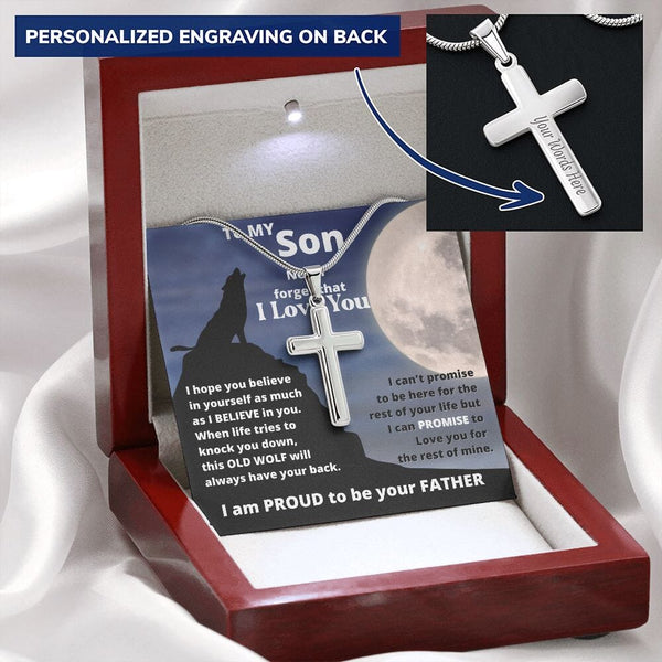 To my Son - This Old Wolf always have your back- Stainless Steel Cross Necklace From DAD Jewelry ShineOn Fulfillment 