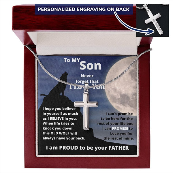 To my Son - This Old Wolf always have your back- Stainless Steel Cross Necklace From DAD Jewelry ShineOn Fulfillment Luxury Box w/ LED