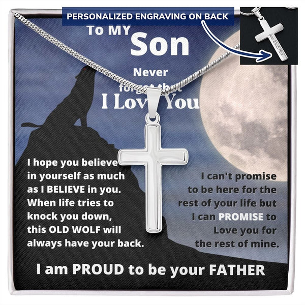 To my Son - This Old Wolf always have your back- Stainless Steel Cross Necklace From DAD Jewelry ShineOn Fulfillment Two Toned Box 