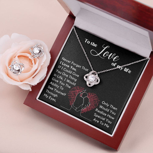 To the Love of my Life - Love Knot Earring & Necklace Set Jewelry ShineOn Fulfillment Mahogany Style Luxury Box 