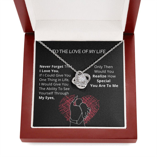 To The LOVE of My Life - LoveKnot Necklace- Give the gift of love! Celebrate your love today - Gift for her Jewelry ShineOn Fulfillment Mahogany Style Luxury Box 