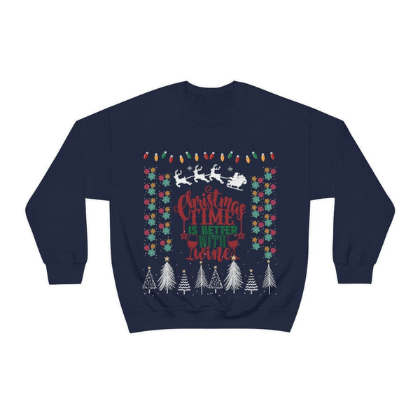 Ugly Christmas Sweater - Christmas Time is better with Wine Sweatshirt Printify S Navy 