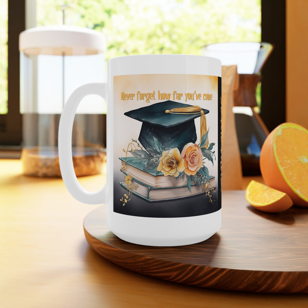 Graduation Ceramic Mug — Personalized Name "Samantha" with Cap, Books & Floral Design (11oz/15oz)