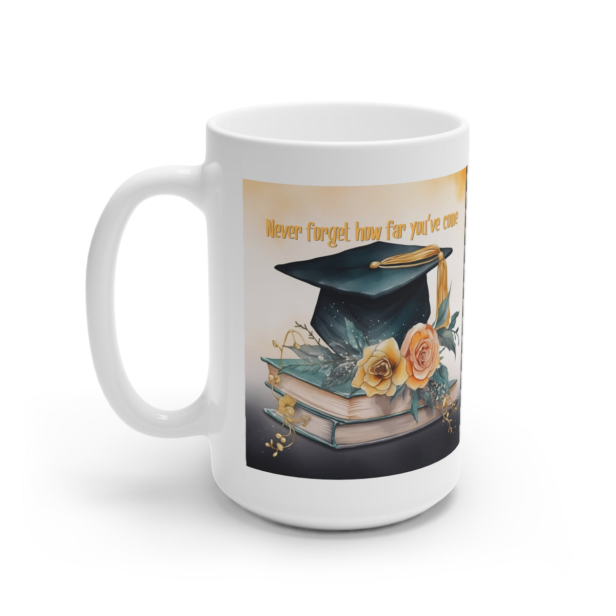 Graduation Ceramic Mug — Personalized Name "Samantha" with Cap, Books & Floral Design (11oz/15oz)
