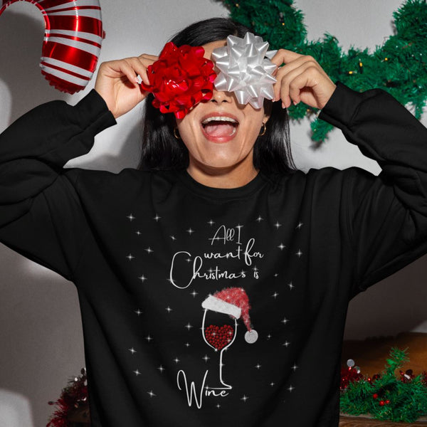 "All I Want for Christmas is Wine" - Fun and Cozy Ugly Christmas Sweater Sweatshirt Printify 