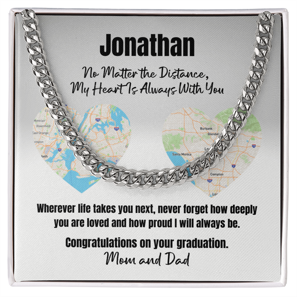 Long Distance Graduation Gift for Son – Personalized Cuban Link Necklace with Two Cities Map, From Mom and Dad