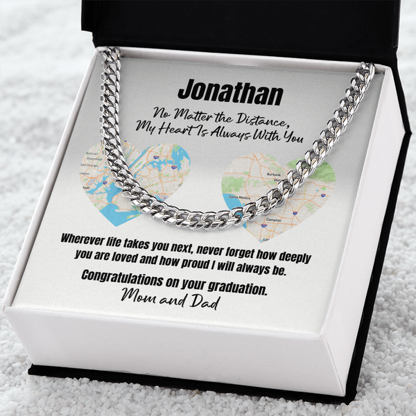 Long Distance Graduation Gift for Son – Personalized Cuban Link Necklace with Two Cities Map, From Mom and Dad