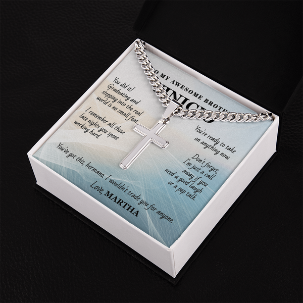 Unforgettable Graduation Gift for Brother – Personalized Cross Necklace with Message Card