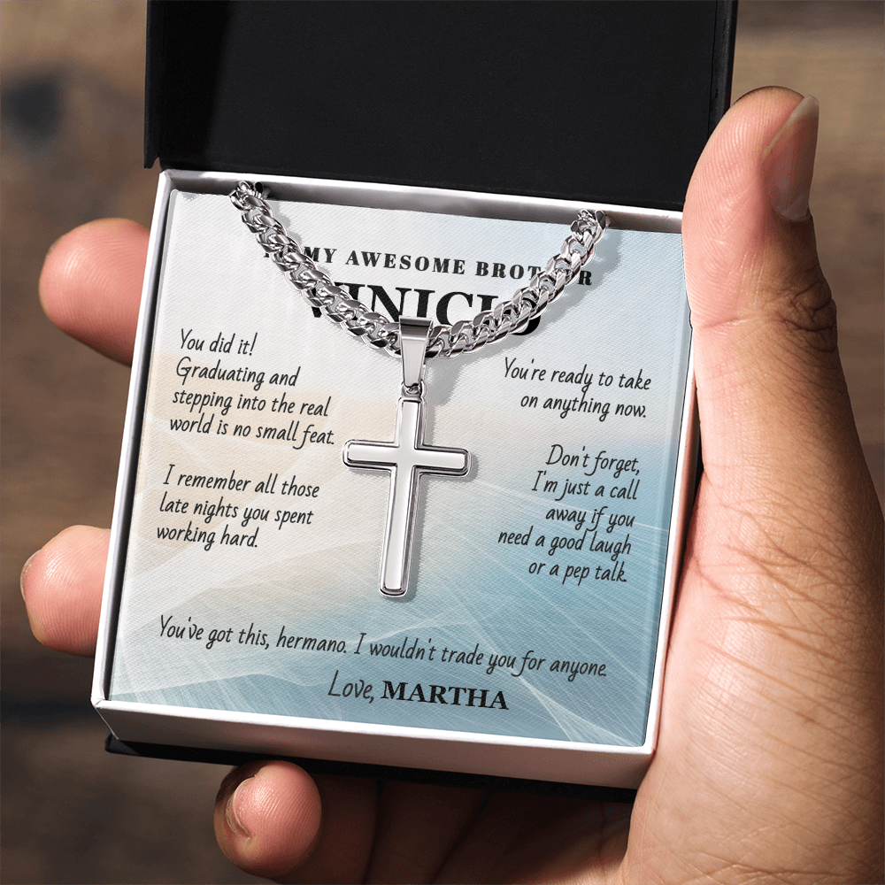 Unforgettable Graduation Gift for Brother – Personalized Cross Necklace with Message Card