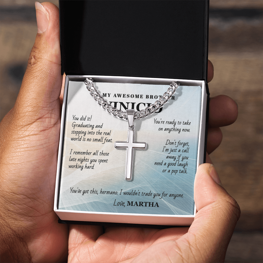 Unforgettable Graduation Gift for Brother – Personalized Cross Necklace with Message Card
