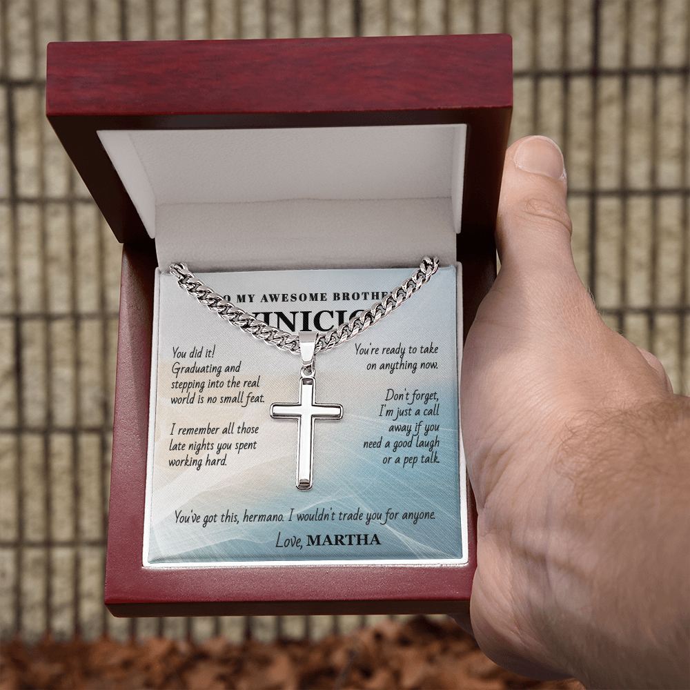 Unforgettable Graduation Gift for Brother – Personalized Cross Necklace with Message Card