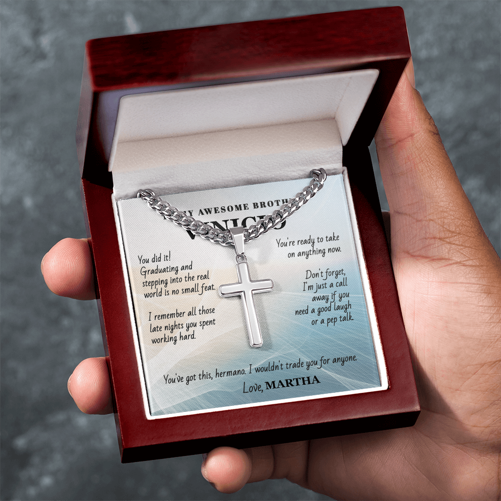 Unforgettable Graduation Gift for Brother – Personalized Cross Necklace with Message Card