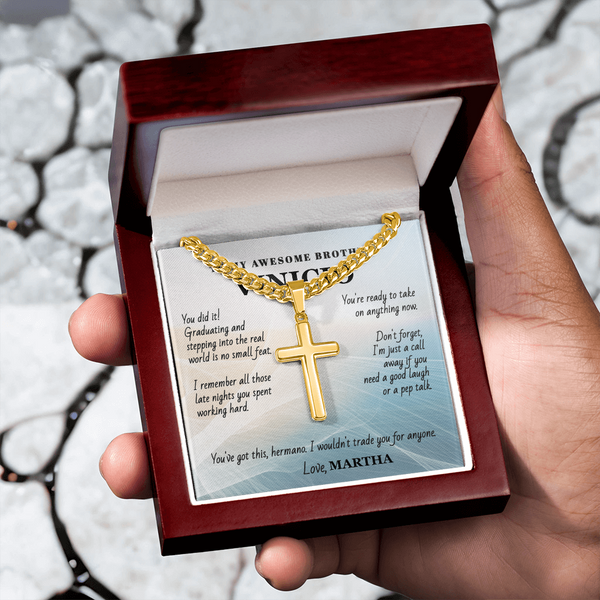 Unforgettable Graduation Gift for Brother – Personalized Cross Necklace with Message Card