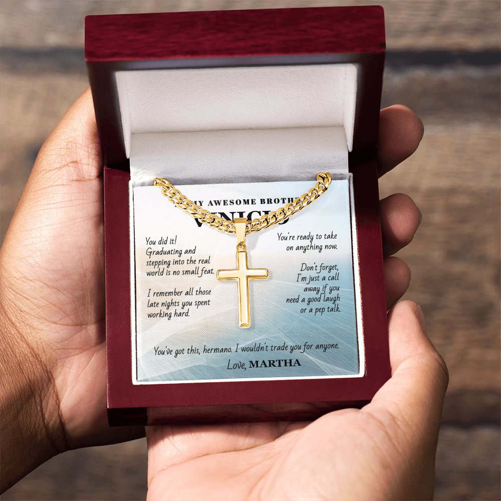 Unforgettable Graduation Gift for Brother – Personalized Cross Necklace with Message Card