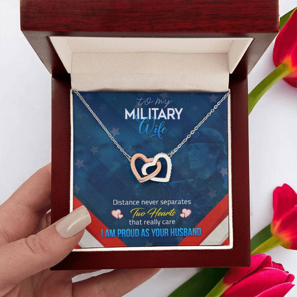 Brave Hearts United: The Military Wife's Eternal Love Necklace Jewelry/InterlockingHearts ShineOn Fulfillment Polished Stainless Steel & Rose Gold Finish Luxury Box 