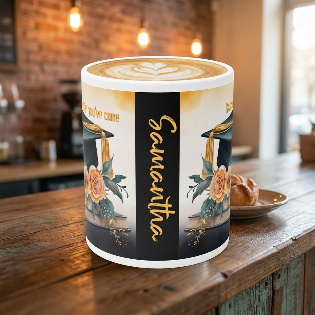 Graduation Ceramic Mug — Personalized Name "Samantha" with Cap, Books & Floral Design (11oz/15oz)