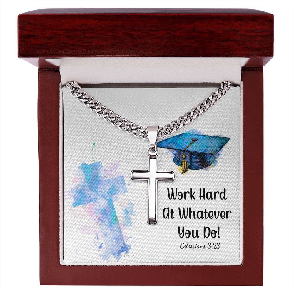 Empowered Faith: Artisan Cross Necklace with Inspirational Colossians 3:23 Message Jewelry/CubanlinkCross ShineOn Fulfillment 