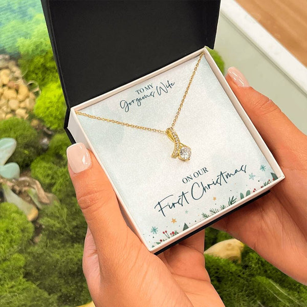 Enchanted Love: The First Christmas Ribbon Pendant Necklace for Your Beloved Wife Jewelry/AlluringBeauty ShineOn Fulfillment 18K Yellow Gold Finish Standard Box 