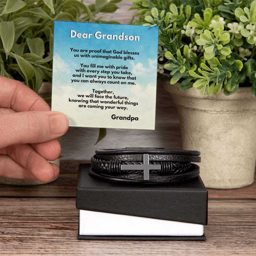 Eternal Bond: Grandson's Cross Leather Bracelet with Personalized Blessing Message Jewelry/CrossLeatherBracelet ShineOn Fulfillment Standard Box 