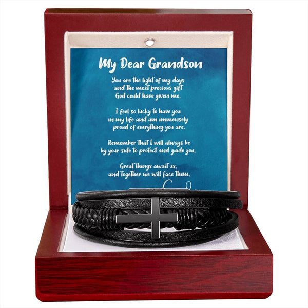 Eternal Bond: Grandson's Leather Cross Bracelet with Personalized Message of Love Jewelry/CrossLeatherBracelet ShineOn Fulfillment 