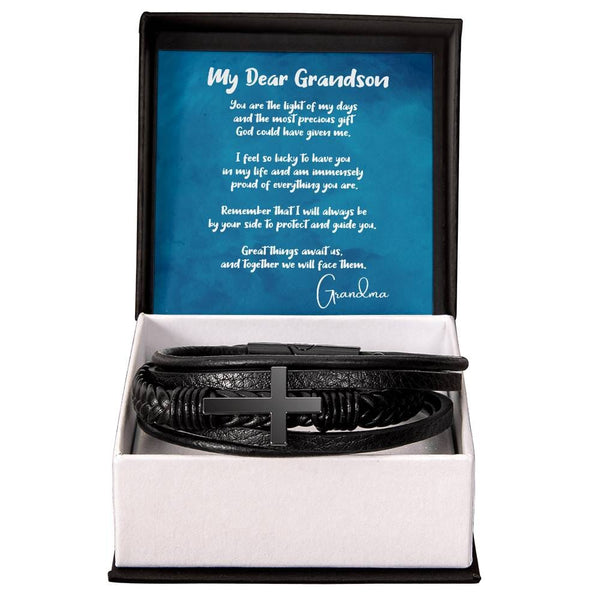 Eternal Bond: Grandson's Leather Cross Bracelet with Personalized Message of Love Jewelry/CrossLeatherBracelet ShineOn Fulfillment 