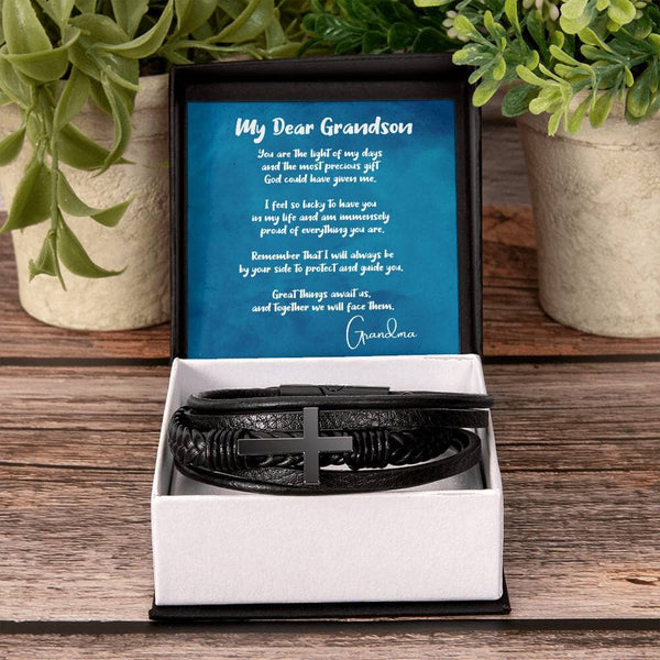 Eternal Bond: Grandson's Leather Cross Bracelet with Personalized Message of Love Jewelry/CrossLeatherBracelet ShineOn Fulfillment 