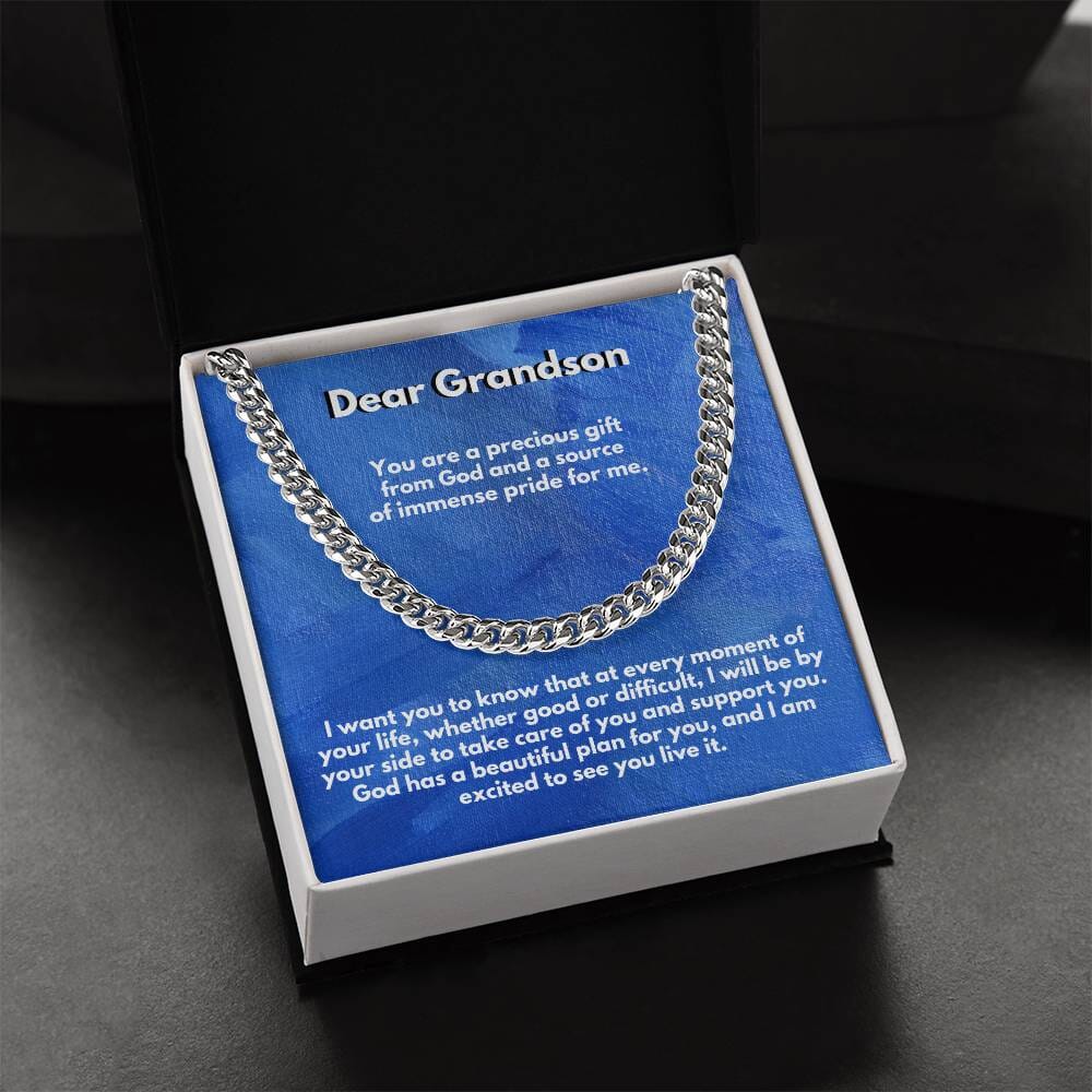 Eternal Bond: Grandson's Timeless Cuban Link Chain with Personalized Message from [Grandma or Grandpa] Jewelry/Cubanlink ShineOn Fulfillment 