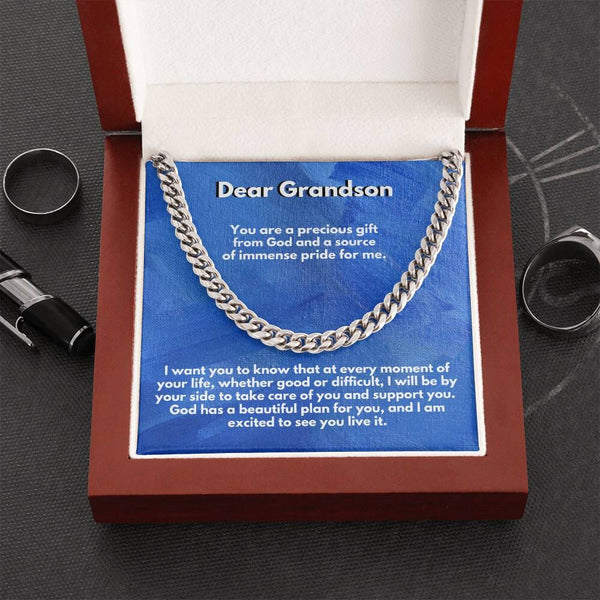 Eternal Bond: Grandson's Timeless Cuban Link Chain with Personalized Message from [Grandma or Grandpa] Jewelry/Cubanlink ShineOn Fulfillment 