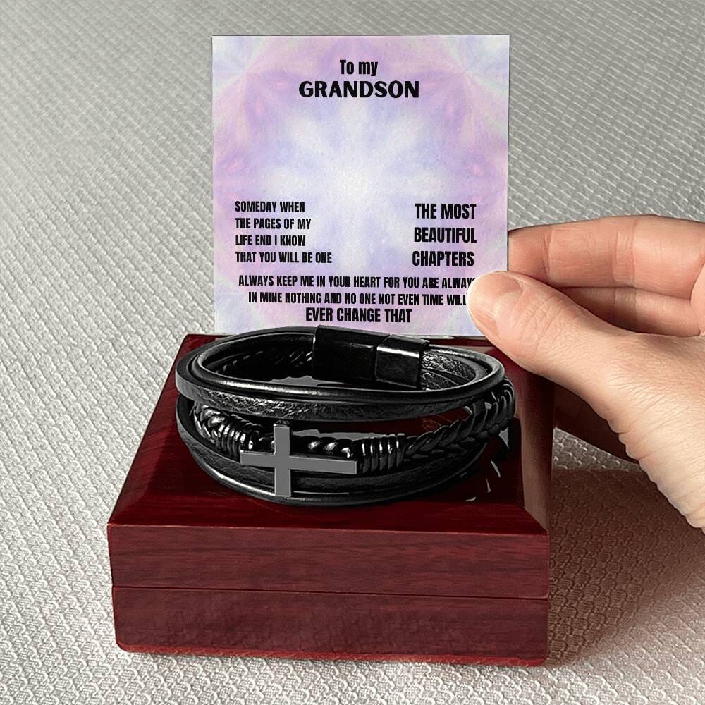 Eternal Bond: Men's Cross Leather Bracelet with Heartfelt Grandson Message Jewelry/CrossLeatherBracelet ShineOn Fulfillment 