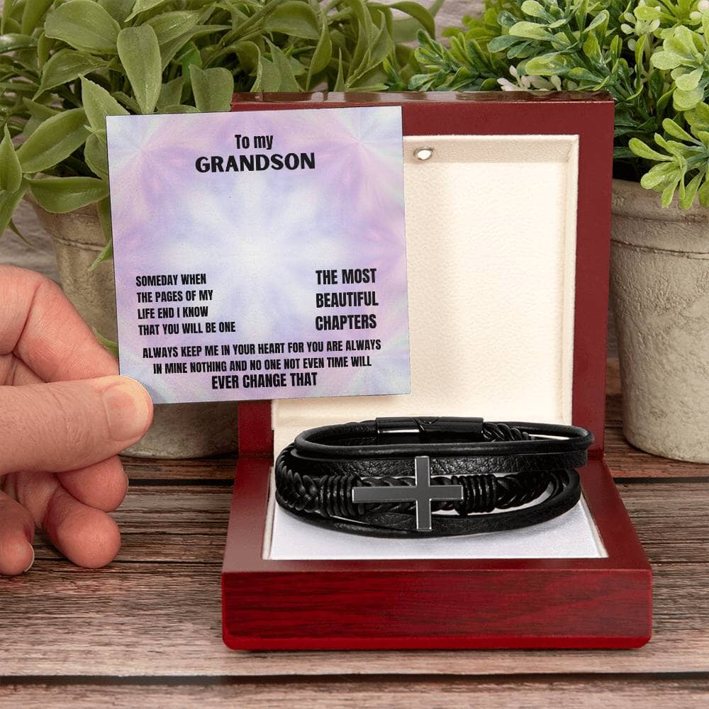 Eternal Bond: Men's Cross Leather Bracelet with Heartfelt Grandson Message Jewelry/CrossLeatherBracelet ShineOn Fulfillment 