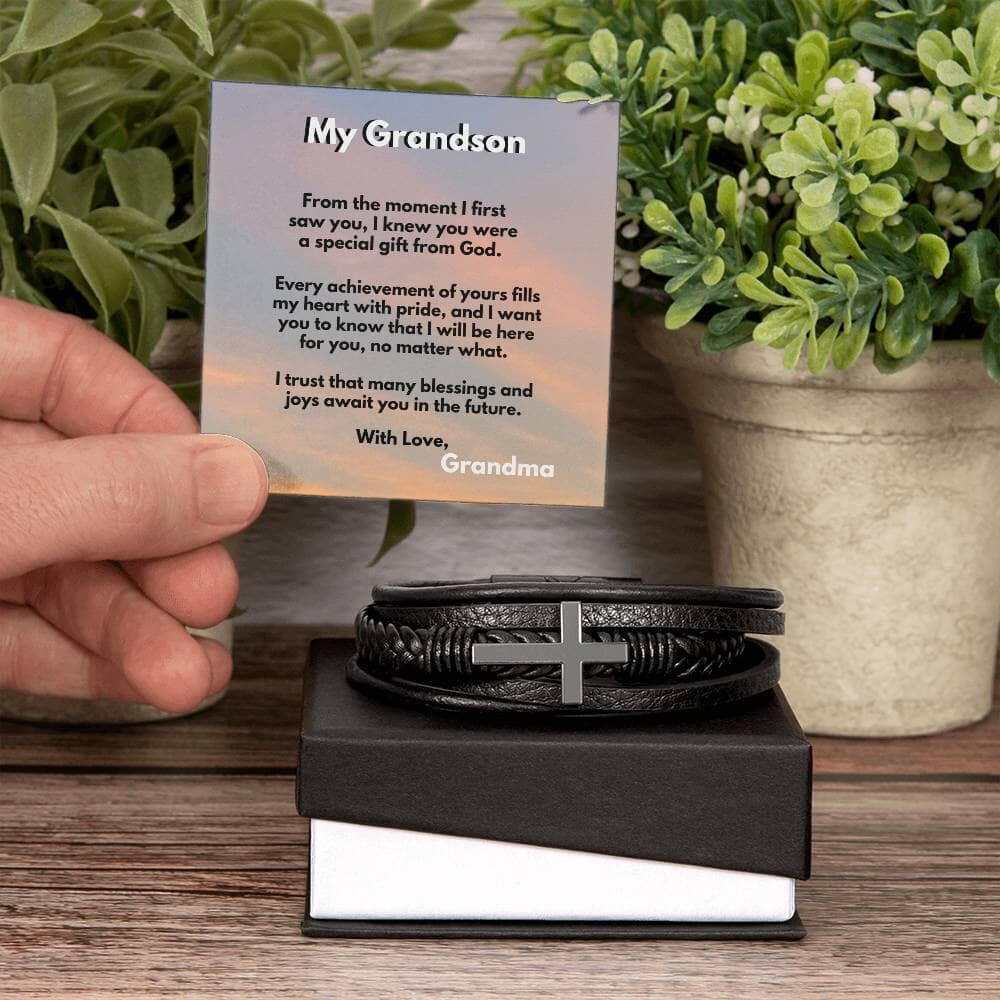 Grandparent's Blessing: Men's Cross Leather Bracelet with Personalized Sentimental Message Jewelry/CrossLeatherBracelet ShineOn Fulfillment 