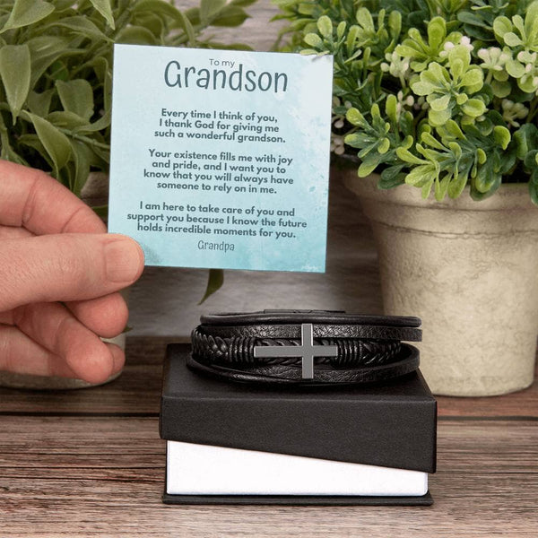 Grandparent's Eternal Bond: Personalized Cross Leather Bracelet for Grandson Jewelry/CrossLeatherBracelet ShineOn Fulfillment 