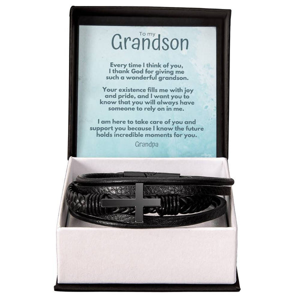 Grandparent's Eternal Bond: Personalized Cross Leather Bracelet for Grandson Jewelry/CrossLeatherBracelet ShineOn Fulfillment 