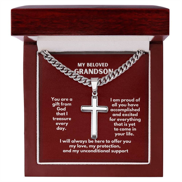 Grandson's Guardian Angel: Personalized Artisan Cross Necklace with Sentimental Message Jewelry/CubanlinkCross ShineOn Fulfillment 